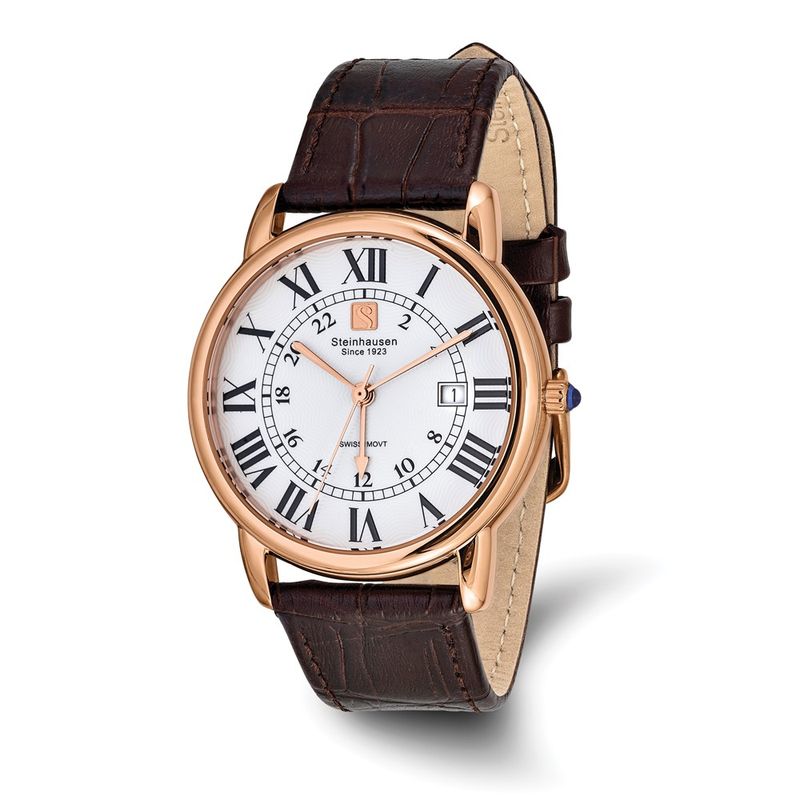 Steinhausen Mens Delemont Rose IpPlated White Dial Brown Strap Watch